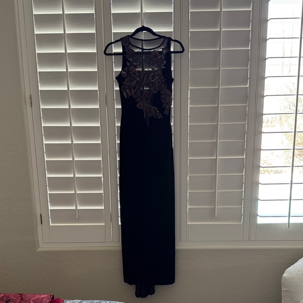 Chocolate brown Velvet feel Embroidered Mesh Yoke Evening Dress